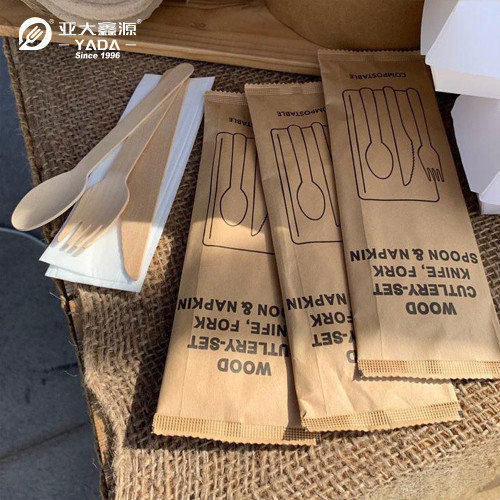 Wooden Cutlery 4 In 1 Kit (Knife+Spoon+Fork+Napkin) Wholesale | YADA Eco-friendly Wooden Cutlery Set