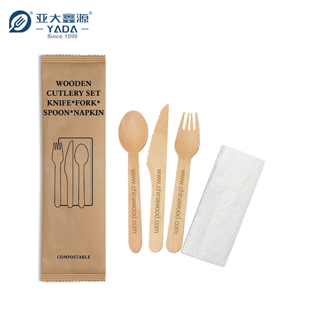 custom disposable bamboo cutlery set, Knife, fork, spoon+white double-layer napkin+kraft paper bag, individual small bag packaging