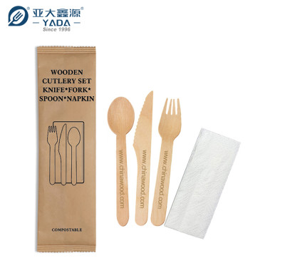 Juego de cubiertos de madera ecológicos al por mayor 4 en 1 con cuchara, tenedor, cuchillo y servilleta de YADA