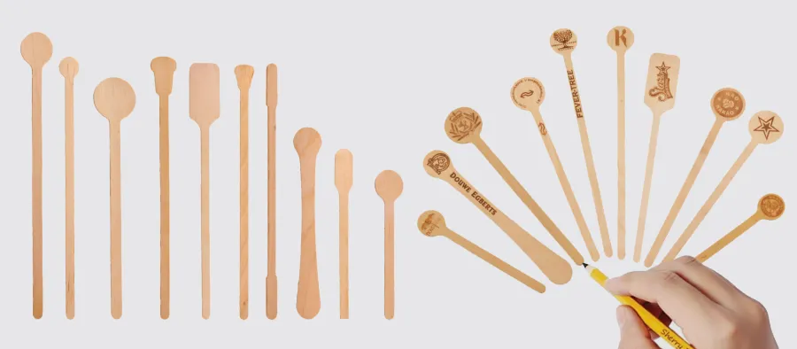 Rows of single-piece wooden cutlery packed for bulk supply