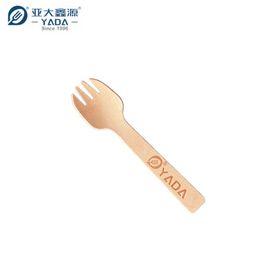 Cuchara-tenedor de madera de 3 puntas de 103 mm de YADA, venta al por mayor, minicuchara-tenedor desechable de madera de abedul compostable P5