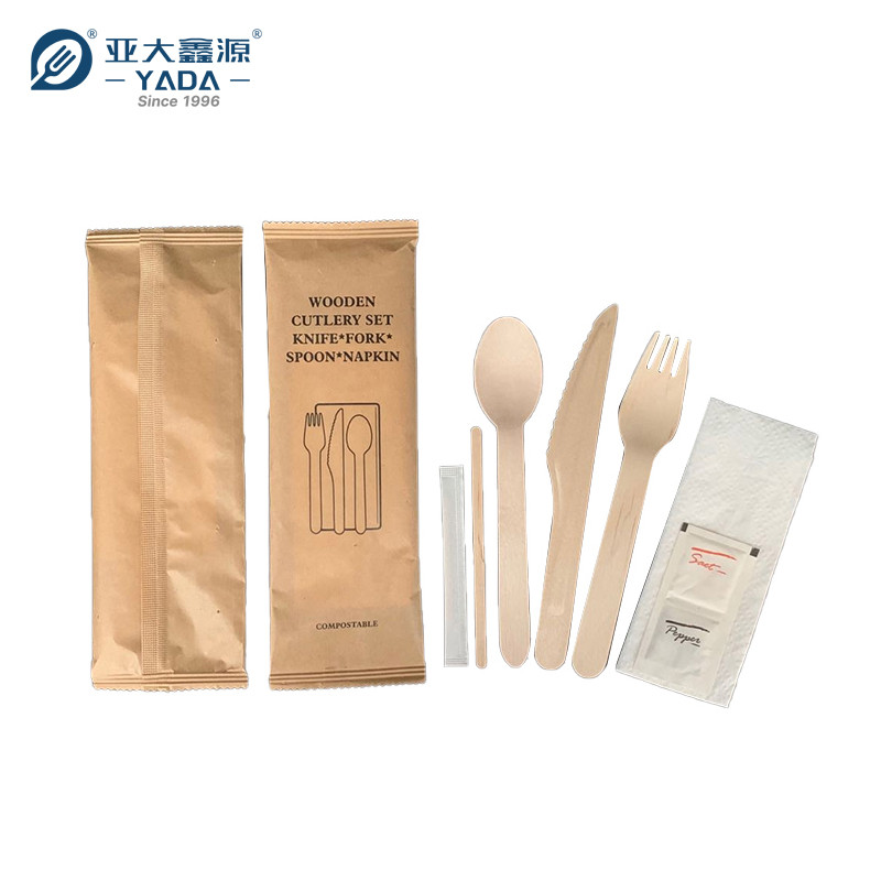 custom disposable wooden cutlery set, Knife, fork, spoon+toothpick+coffee stirrer+white double-layer napkin+pepper salt sachet+kraft paper bag, individual small bag packaging