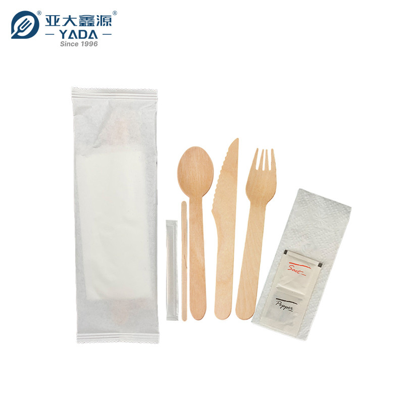 custom disposable wooden cutlery set, Knife, fork, spoon+toothpick+coffee stirrer+white double-layer napkin+pepper salt sachet+white paper bag, individual small bag packaging