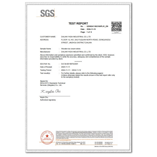SGS Test Report - Wooden Ice Cream Sticks for Sensory, Defects of Material Quality, Moisture Content, Dimensional tolerance, Defects of Machining