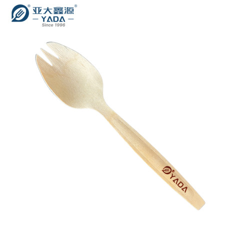 Tenedores-cucharas desechables de madera al por mayor | Cuchara-tenedor de madera de abedul | Oferta de tenedores-cucharas pequeños ecológicos de 140 mm P4