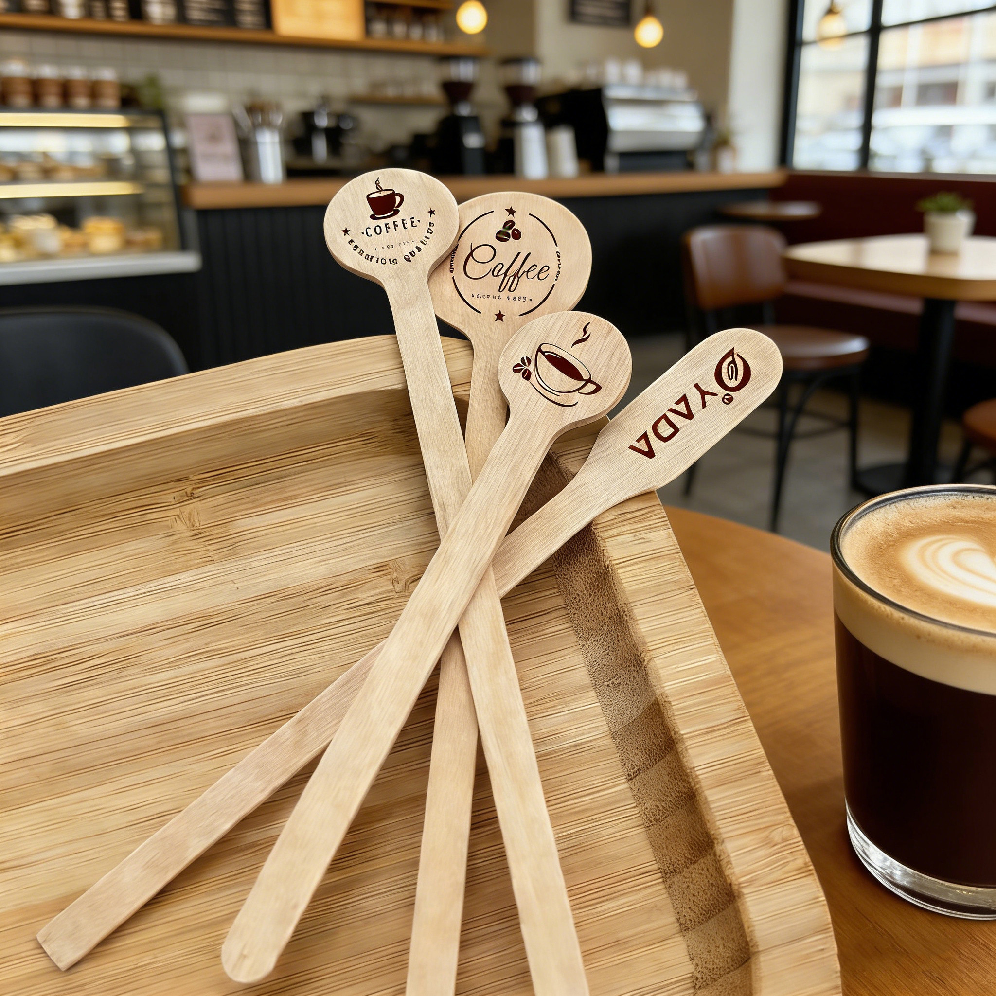 Coffee stirrers with logo in the coffee shop
