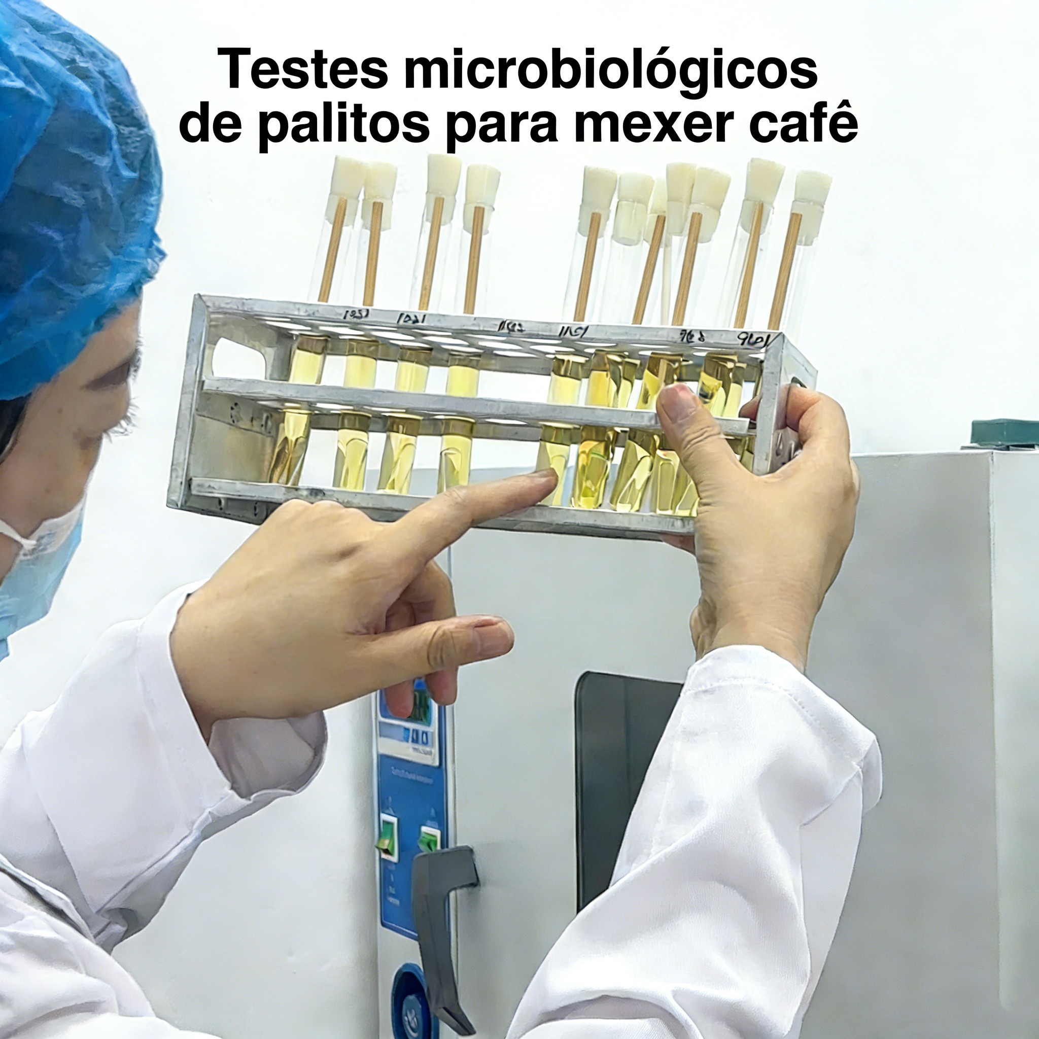 Testes microbiológicos de palitos para mexer café