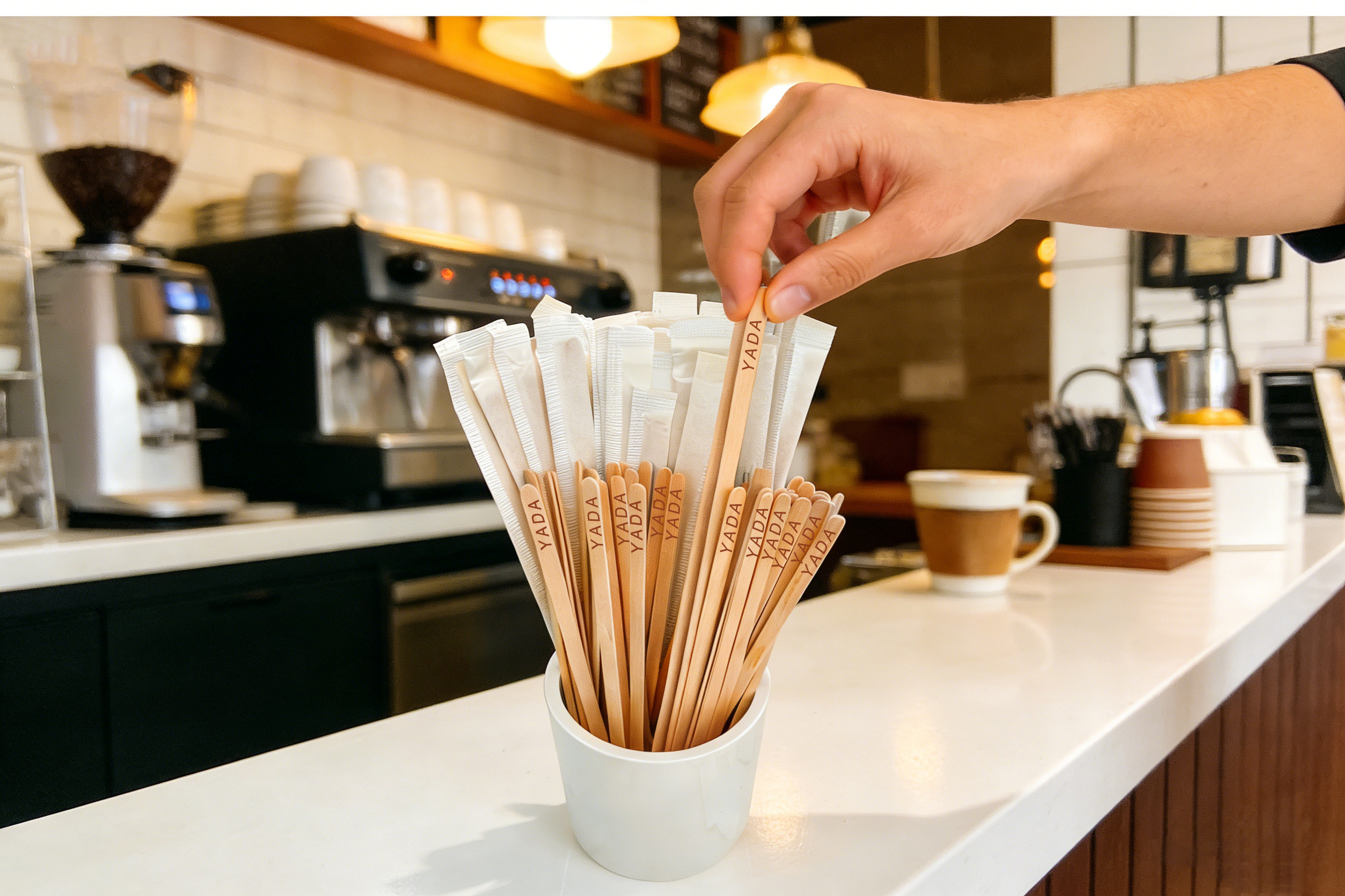 wooden coffee stirrers with logo