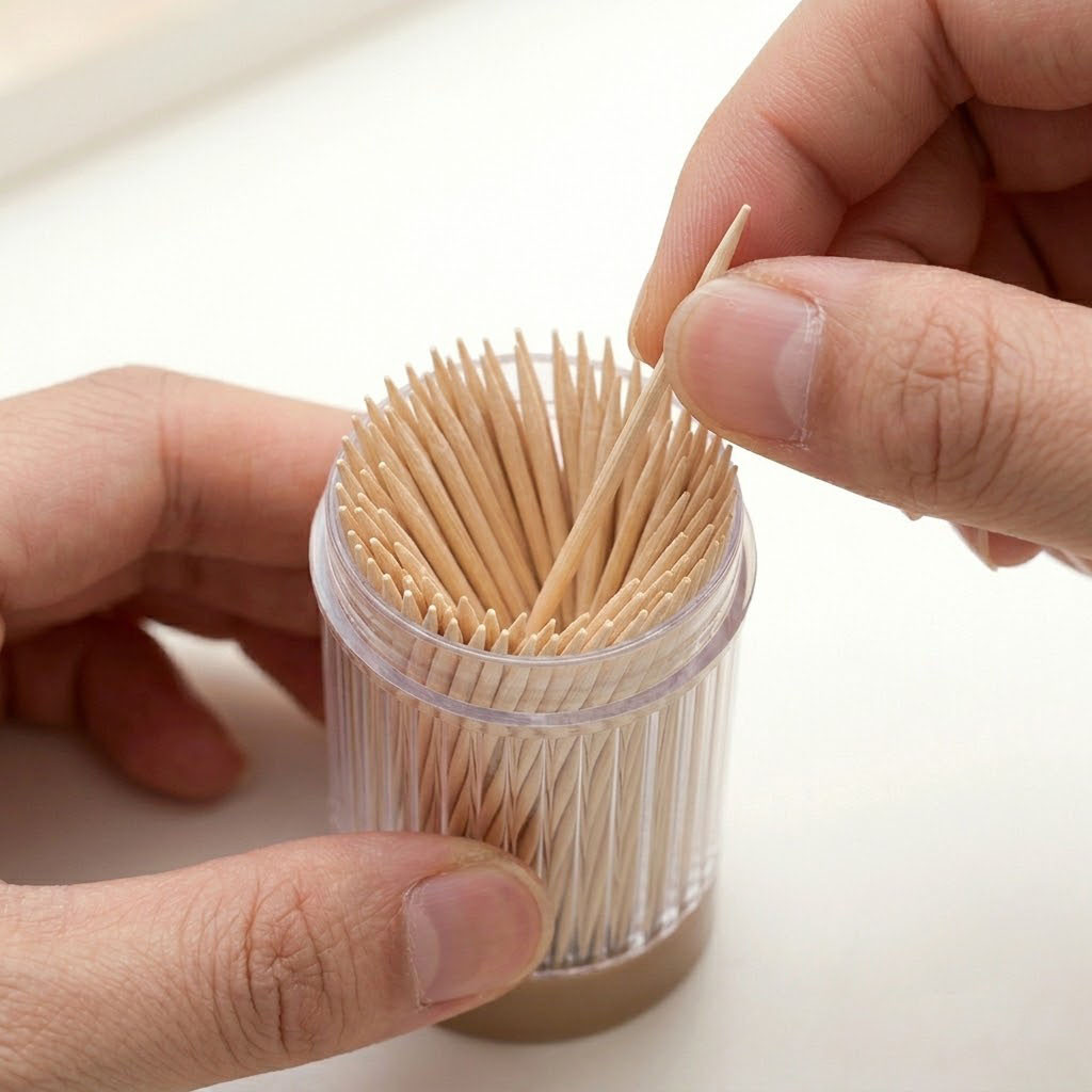 double pointed toothpicks in plastic container with fully sealed bottom and top extraction lid