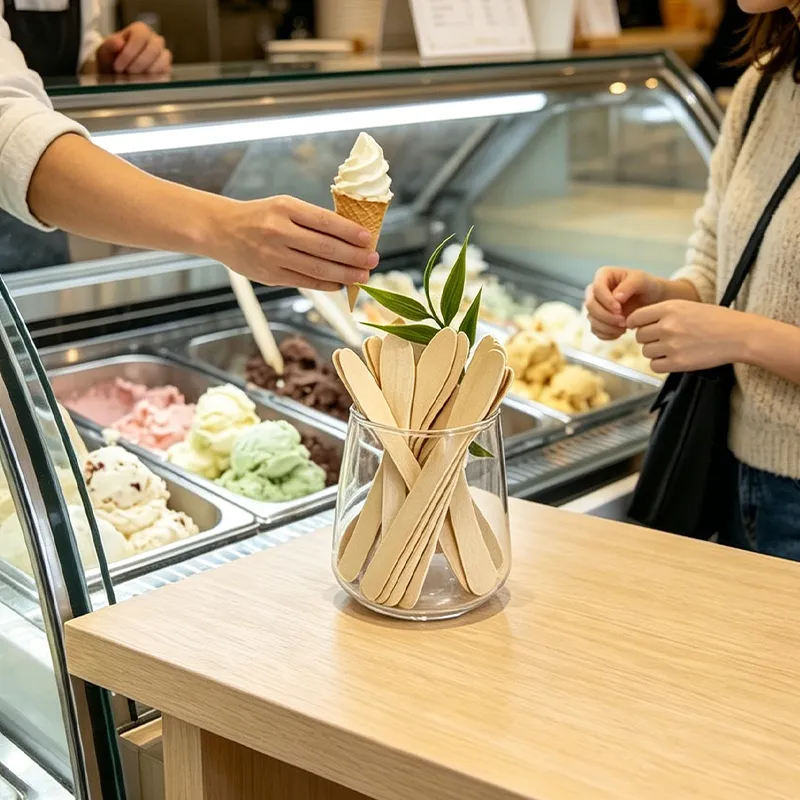 Wooden ice cream spoons supplied for ice cream shop counter service