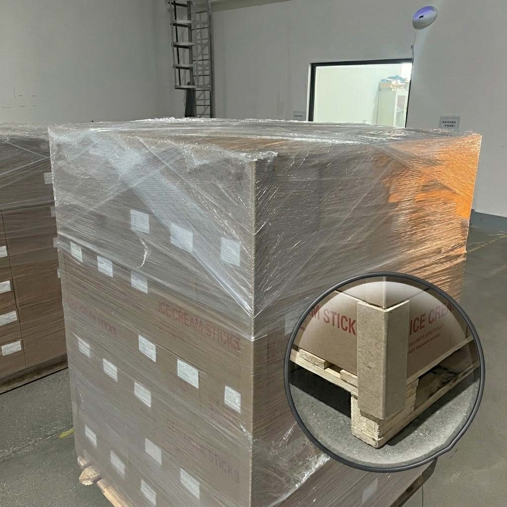 Film-wrapped pallet packaging of ice cream sticks