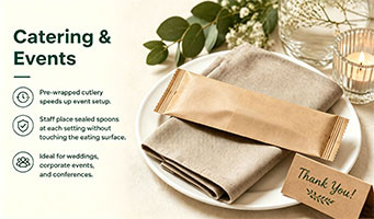 Catering event with disposable wooden cutlery