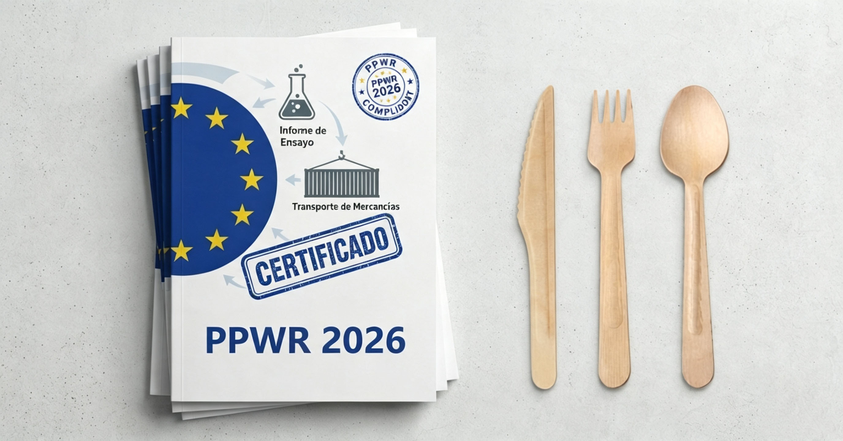 Certificado PPWR 2026 con cubiertos de madera