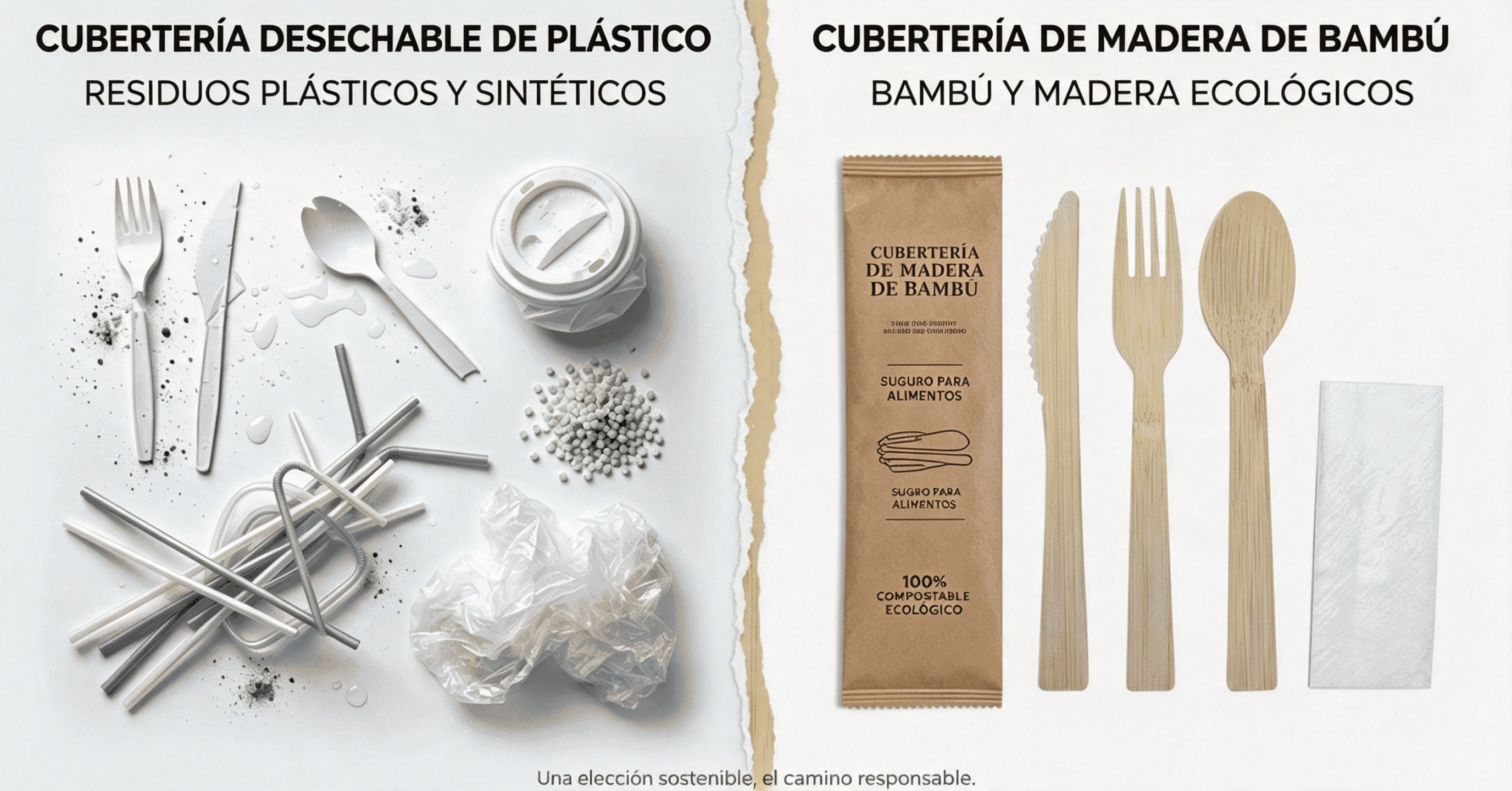 Residuos plásticos frente a cubiertos ecológicos de bambú y madera