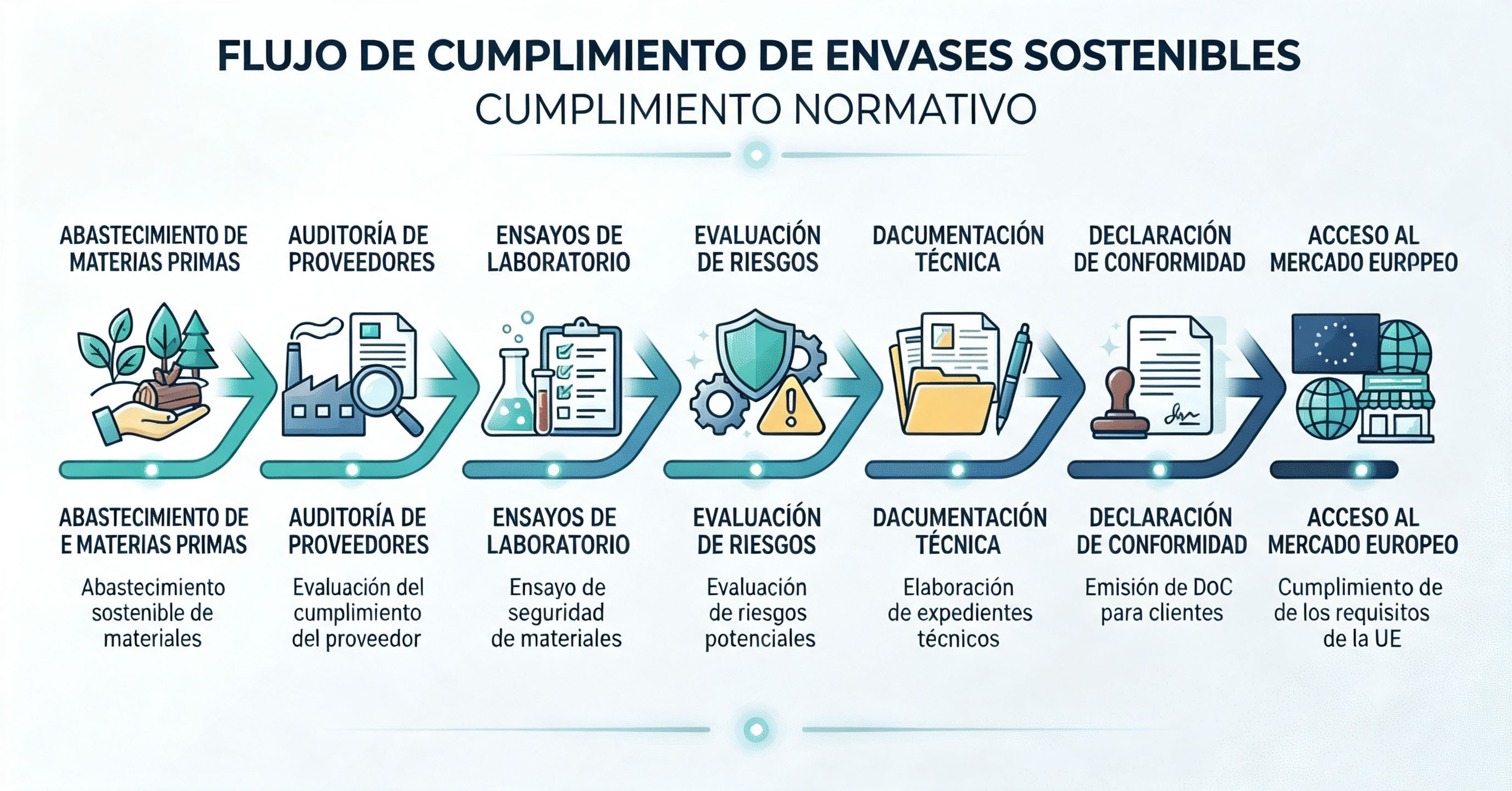 Infografía del flujo de trabajo de cumplimiento de envases sostenibles