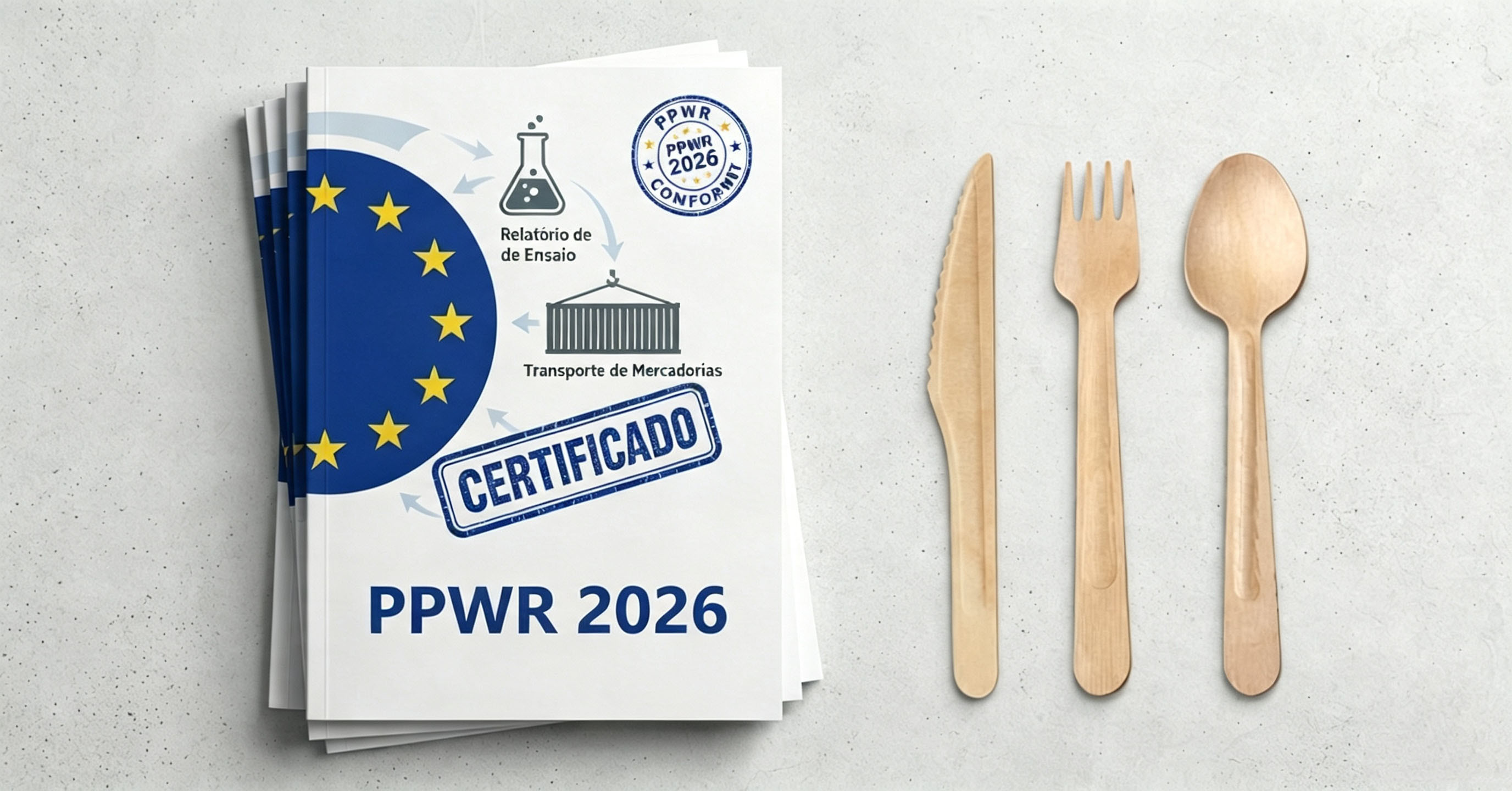 Certificado PPWR 2026 com talheres de madeira