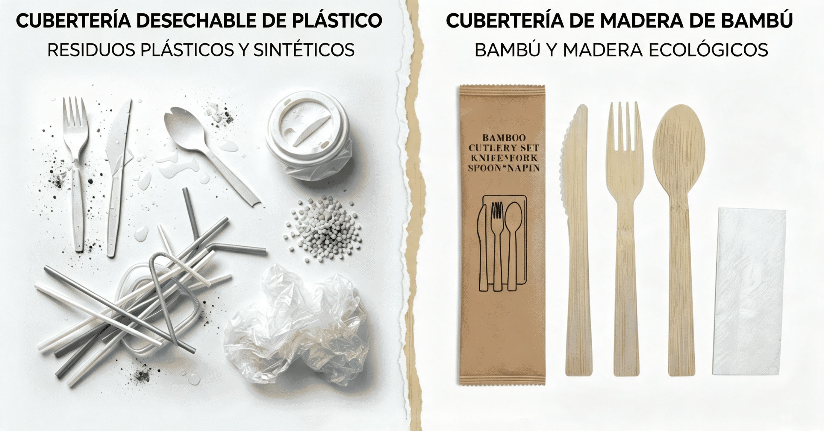 Resíduos plásticos versus talheres ecológicos de bambu e madeira