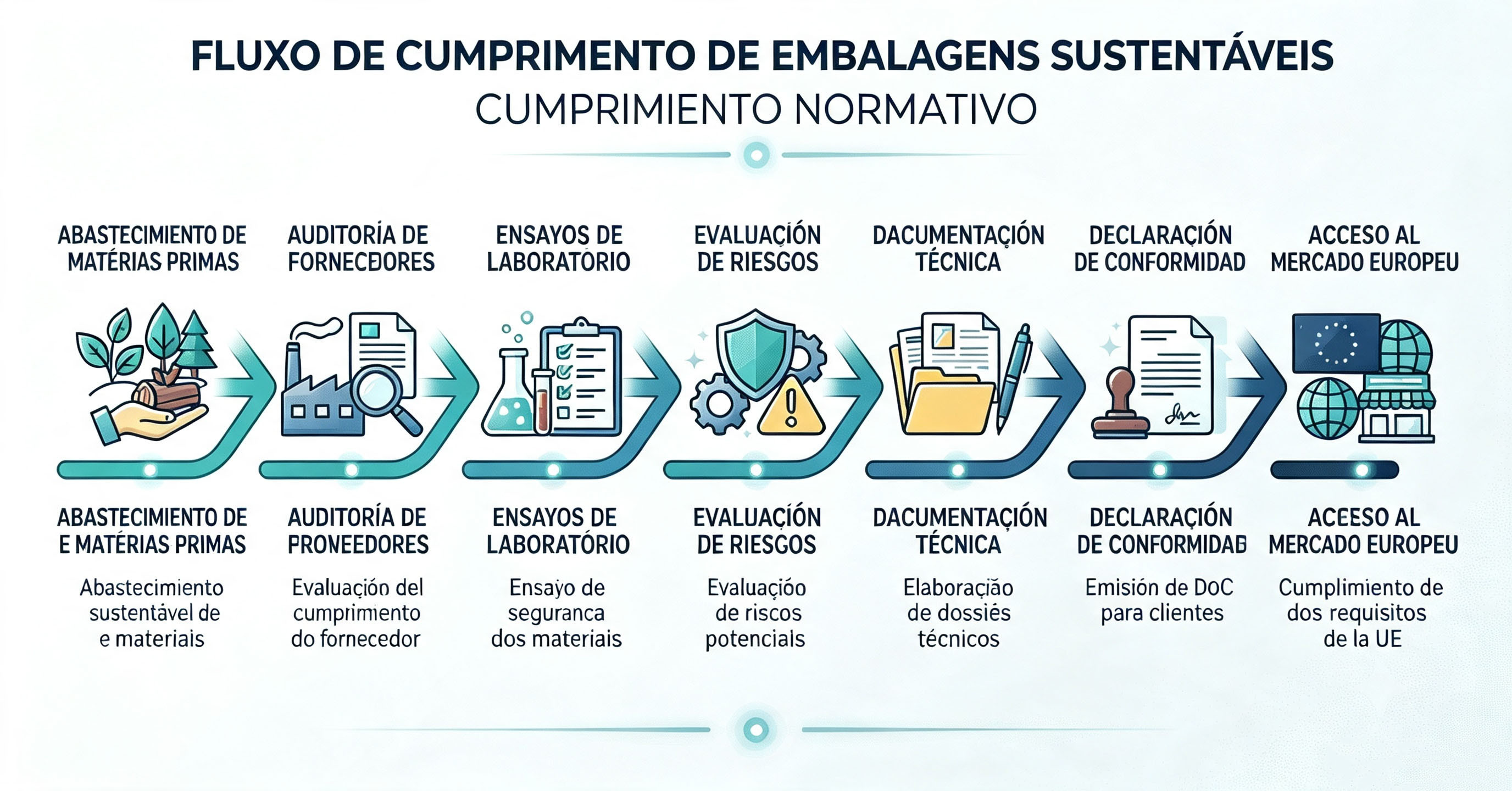 Infográfico do fluxo de trabalho de conformidade de embalagens sustentáveis