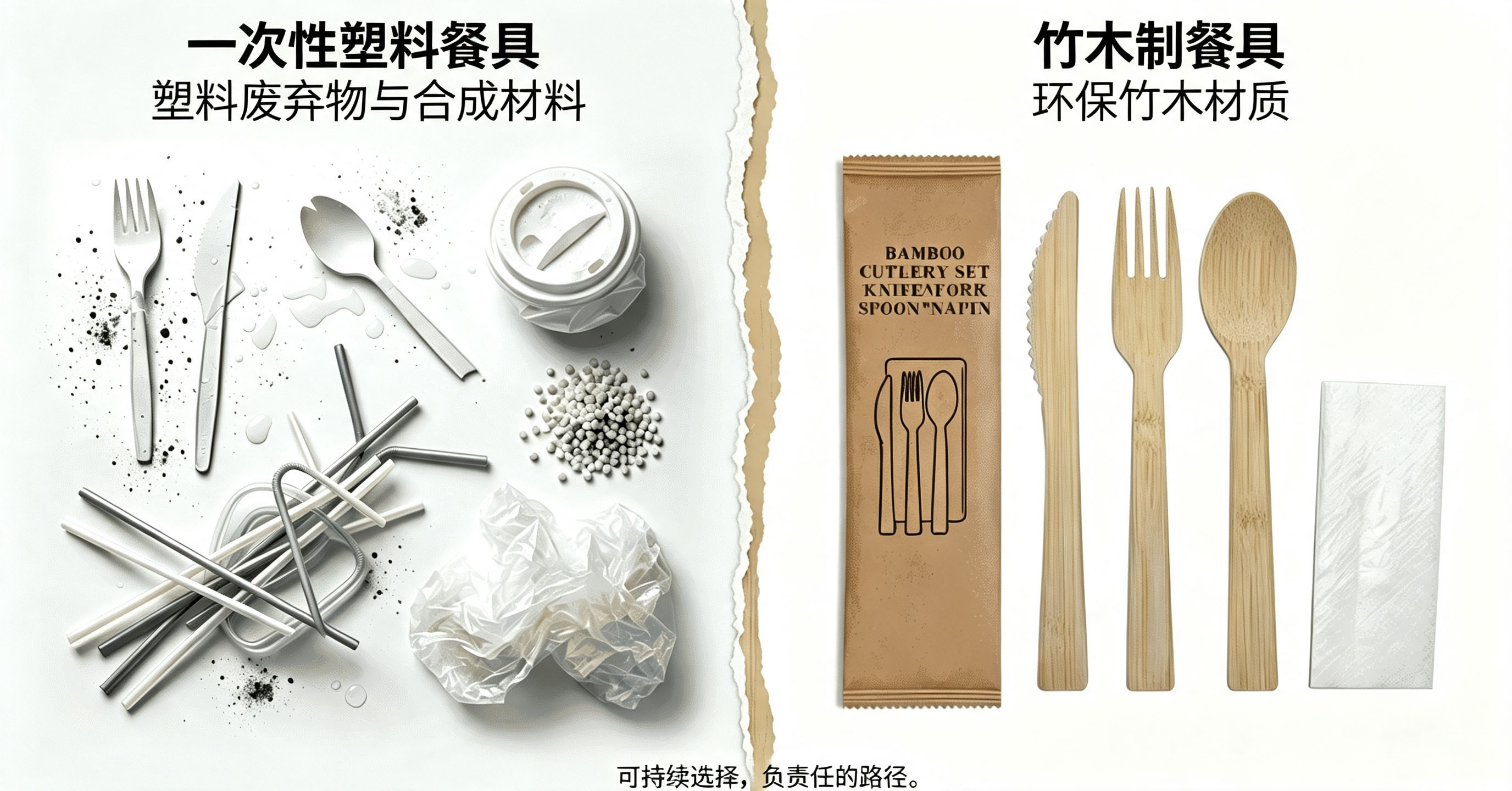 塑料废弃物与环保竹木餐具对比