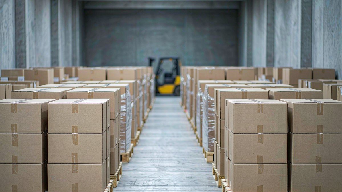 Palletised export cartons of ice cream sticks in a modern warehouse
