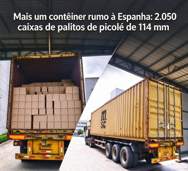 Mais um contêiner rumo à Espanha: 2.050 caixas de palitos de picolé de 114 mm