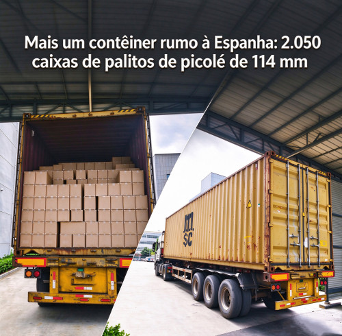 Mais um contêiner rumo à Espanha: 2.050 caixas de palitos de picolé de 114 mm
