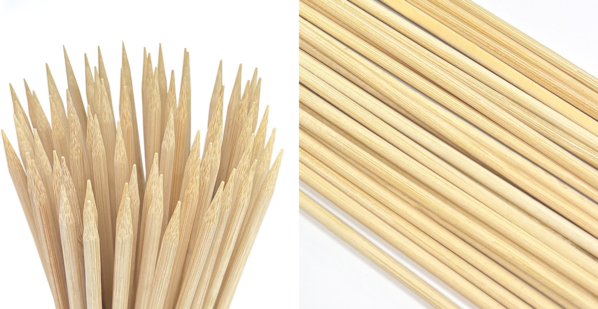 Close-up of bamboo BBQ skewers, 3.0 mm x 300 mm, single-pointed with a natural finish
