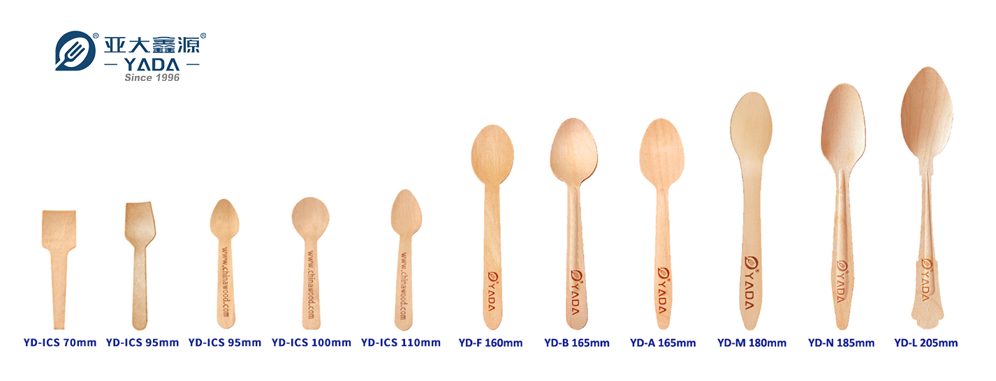 Disposable wooden spoons in various sizes