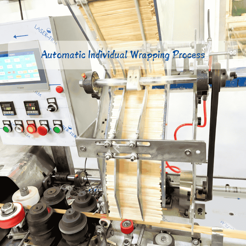 Automatic individual wrapping process for 110mm mini wooden coffee stirrers in YADA factory