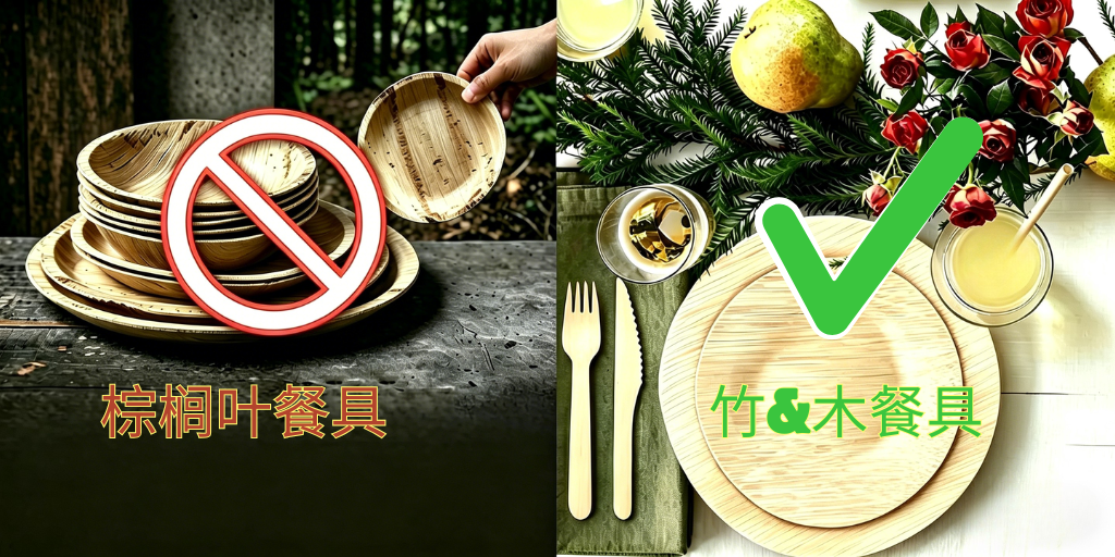 棕榈叶餐具和竹木餐具对比