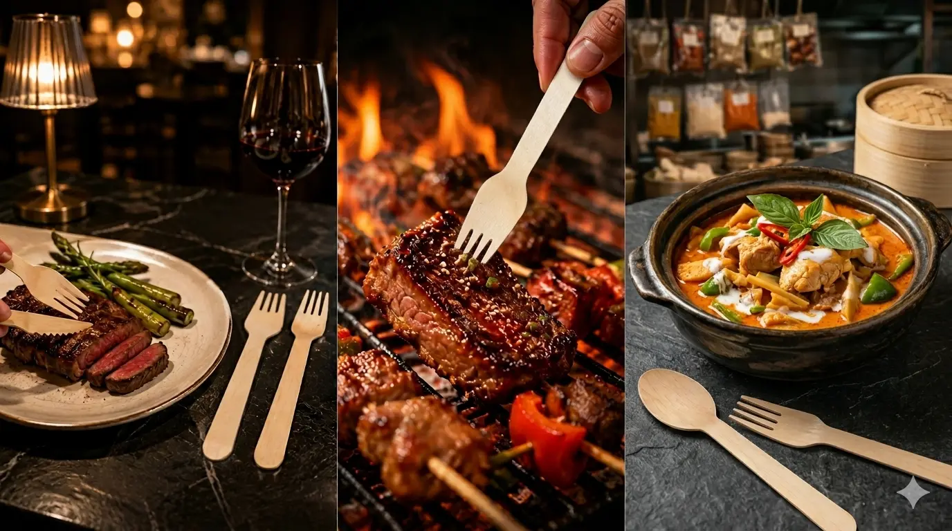 Wooden cutlery set used on a restaurant table with grilled dishes