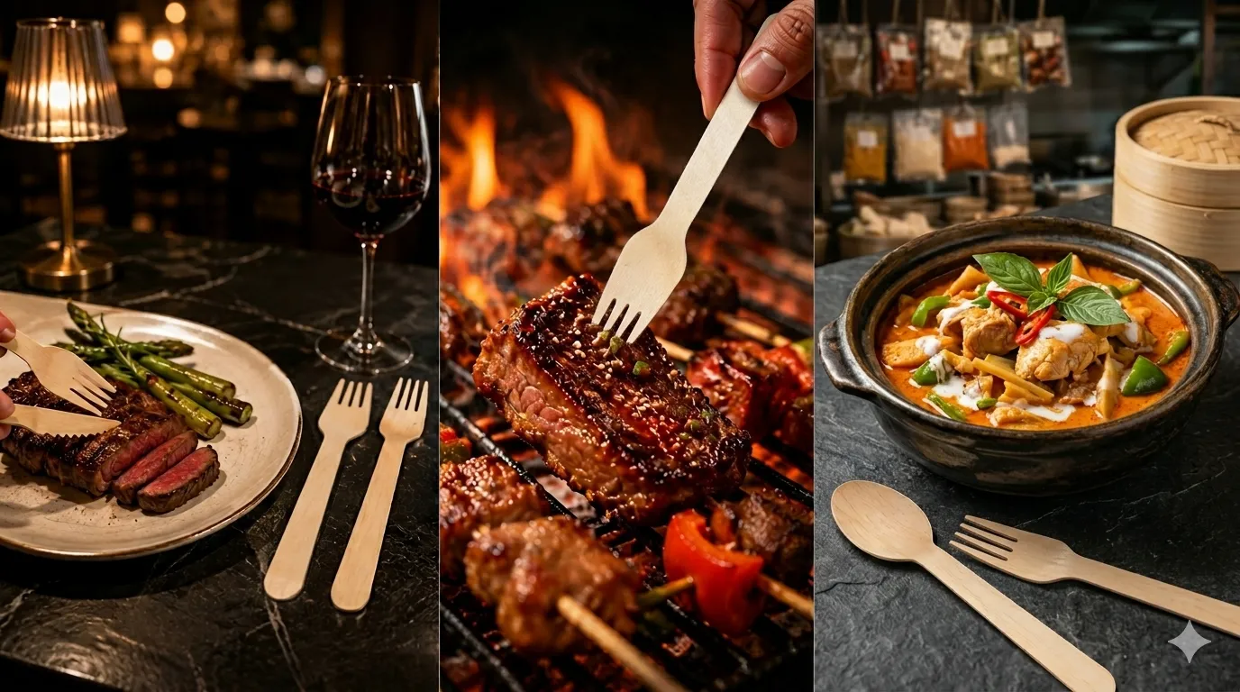 Wooden cutlery set used on a restaurant table with grilled dishes