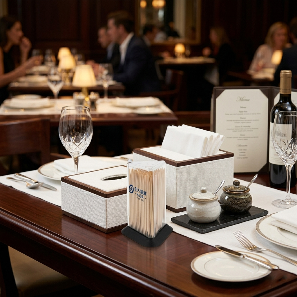 A triangular-shaped container for toothpicks used at the dining table