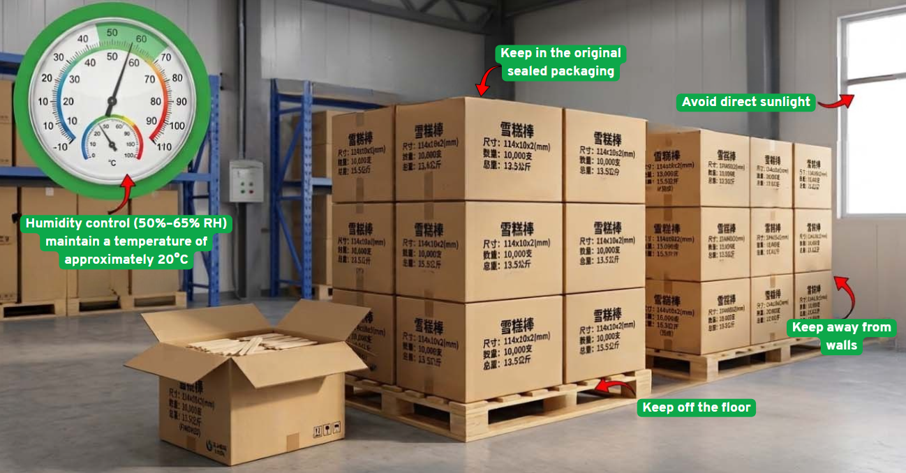 Bulk wooden ice cream sticks stored in warehouse with proper humidity control