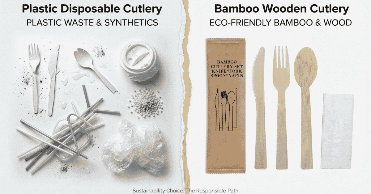 Plastic waste versus eco-friendly bamboo wooden cutlery