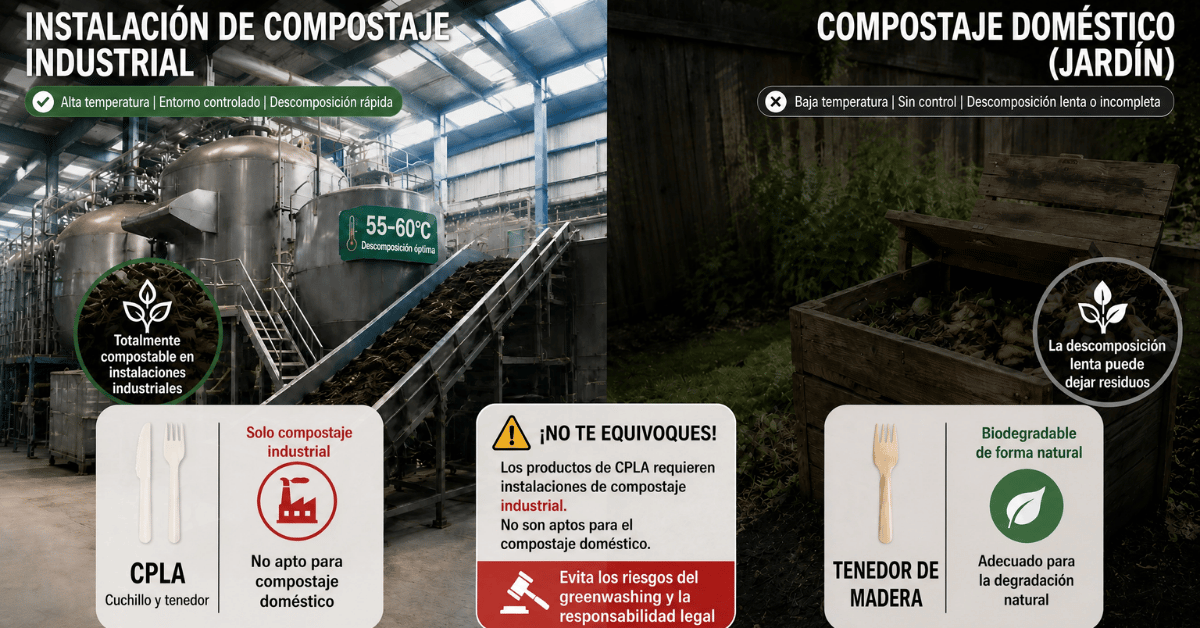 Planta de compostaje industrial con certificaciones de compostabilidad EN13432 y ASTM D6400