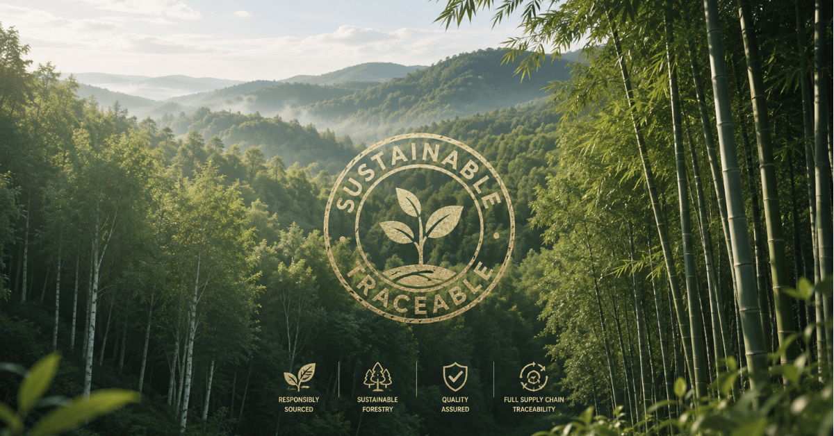 Sustainable forestry and traceable supply chain — responsibly sourced wood, sustainable forestry, quality assured, full supply chain traceability.