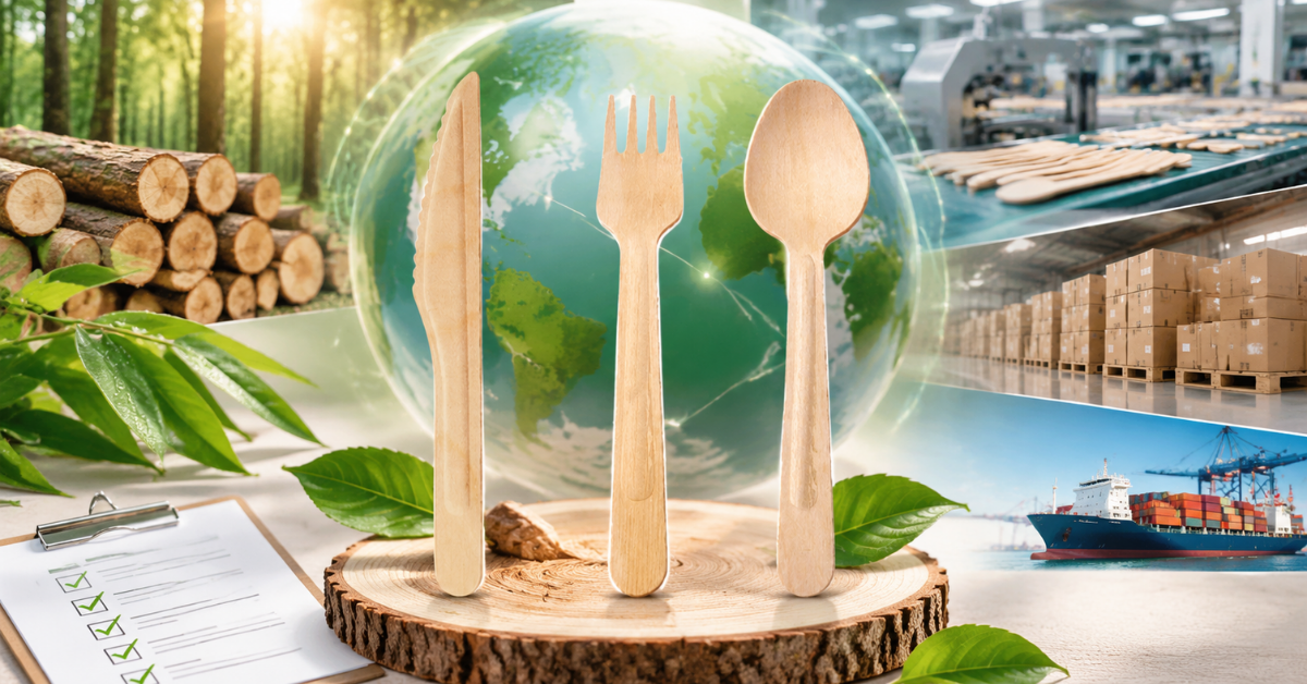 Wooden cutlery end-to-end supply chain: raw material sourcing, factory production, global shipping, and pre-shipment inspection.