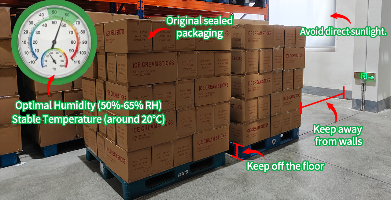 Bulk wooden ice cream sticks stored on pallets in a humidity-controlled warehouse