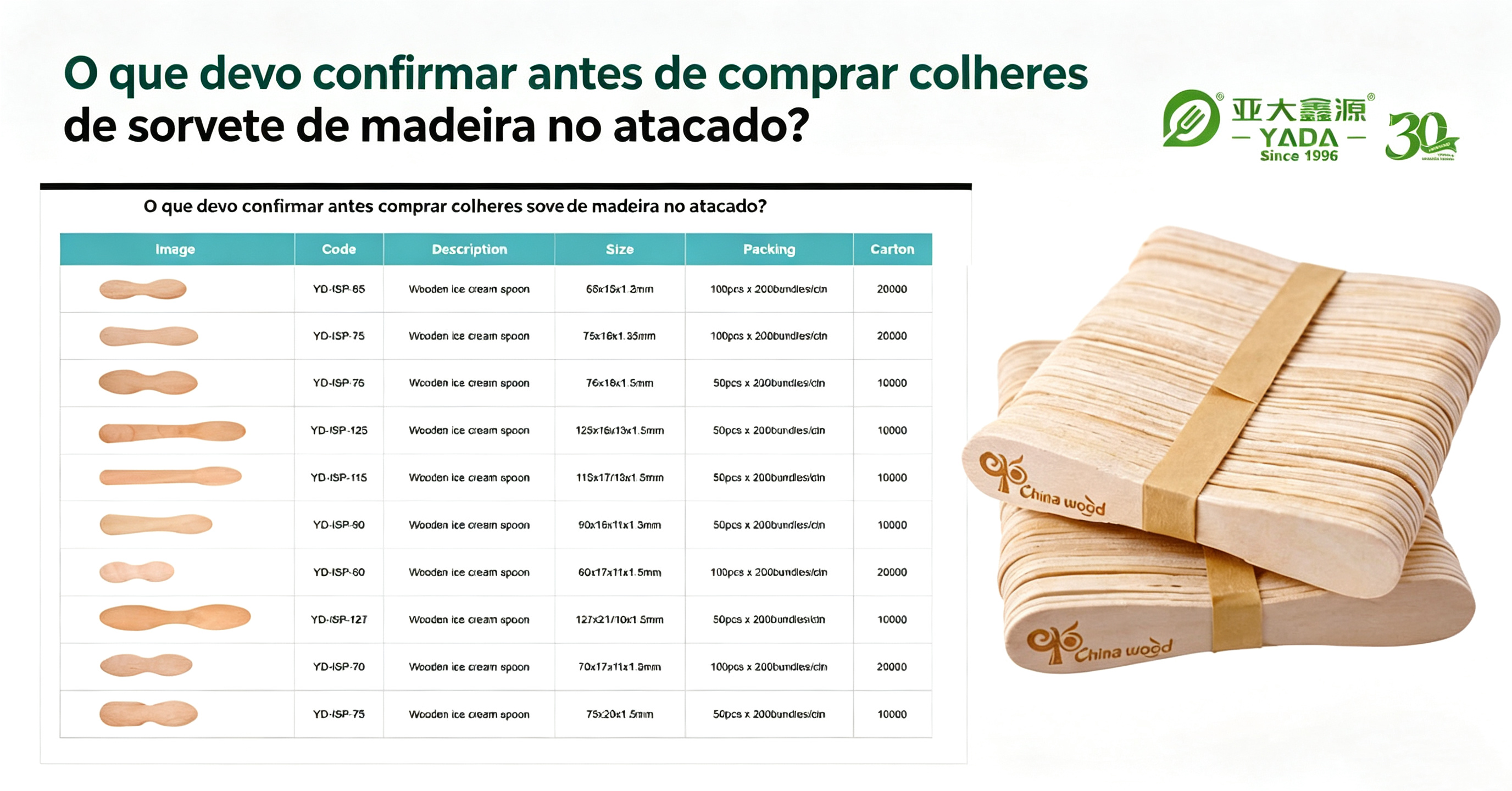 O que devo confirmar antes de encomendar colheres de sorvete de madeira no atacado?
