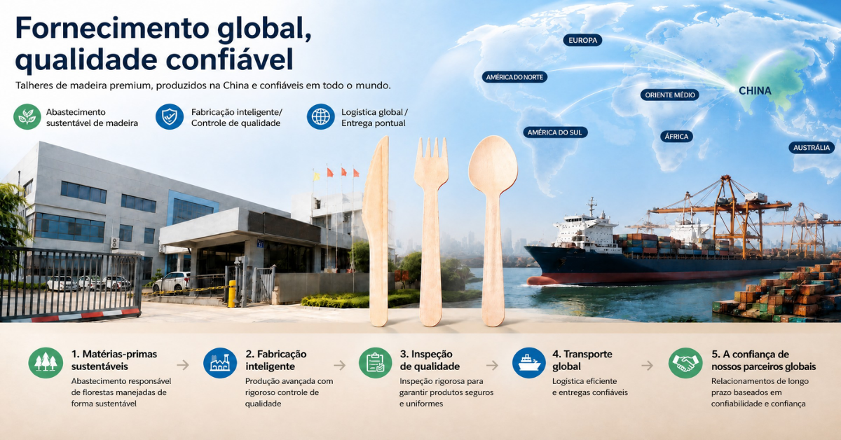 Visão geral do fornecimento global — fornecimento sustentável de madeira da YADA, fabricação inteligente, inspeção de qualidade, logística global e parcerias de longo prazo.