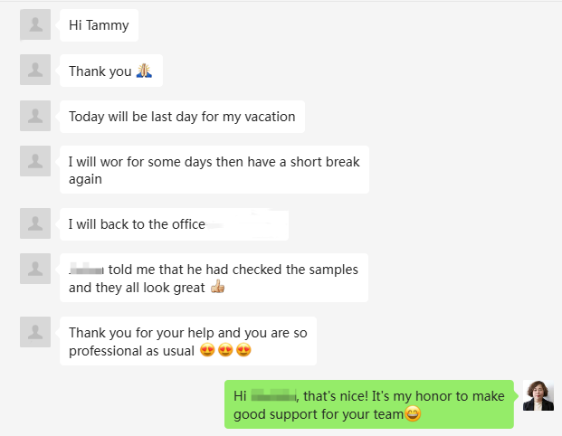 Buyer chat confirming YADA Industrail samples look great and support is professional as usual