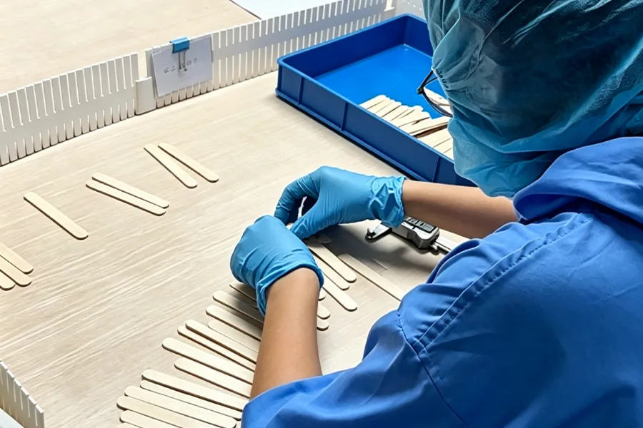 YADA inspector checking wooden sticks for quality before packing