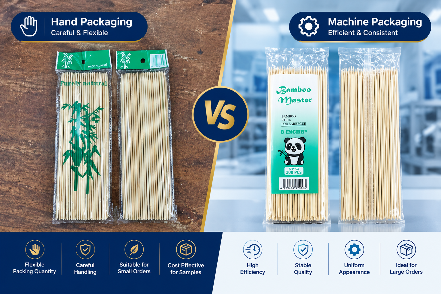 Hand-packed bamboo skewers versus machine-packed bamboo skewers