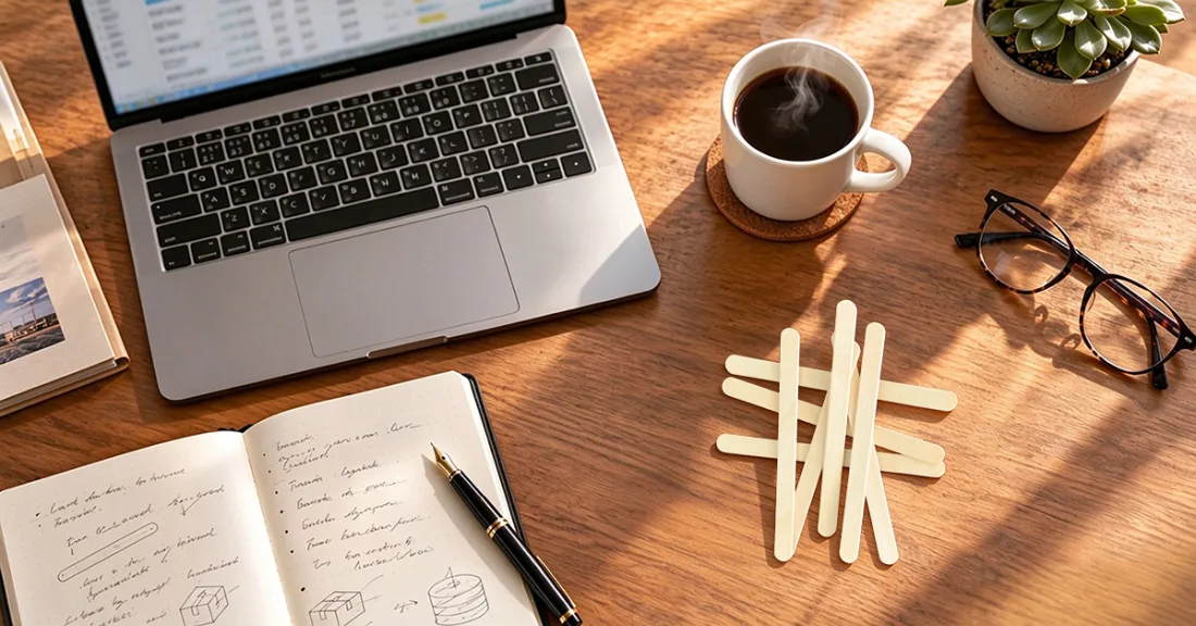 Incoming inspection notebook, laptop, and a bundle of wooden ice cream sticks on a desk