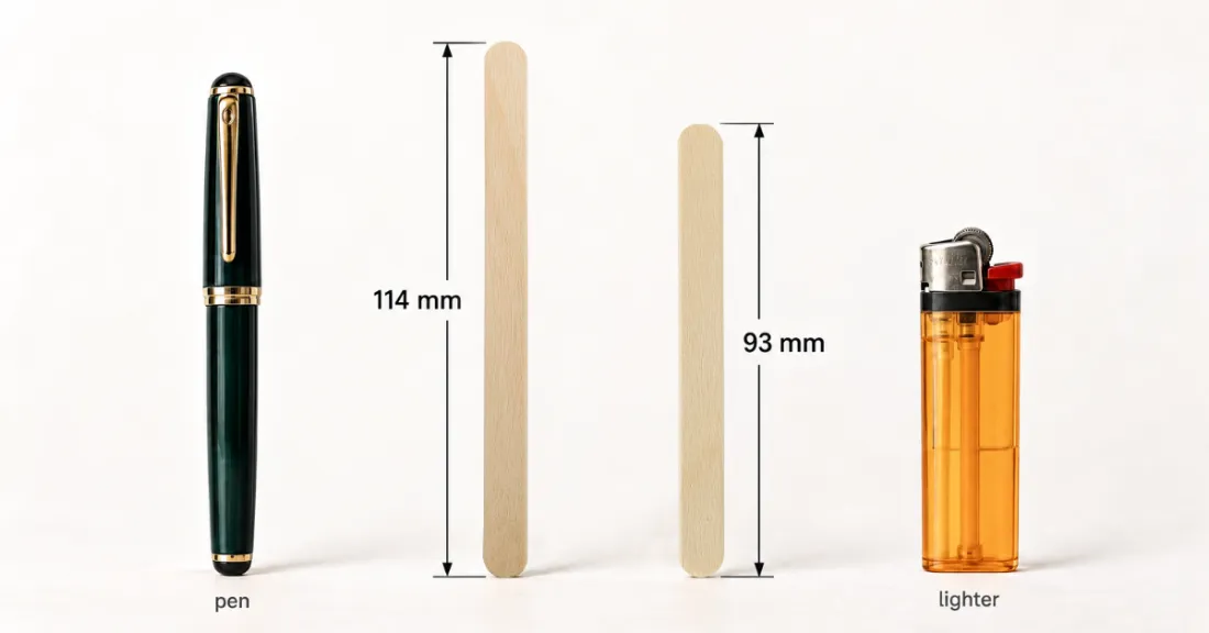 YADA Industrial 93 mm and 114 mm birch ice cream sticks shown side by side with size references