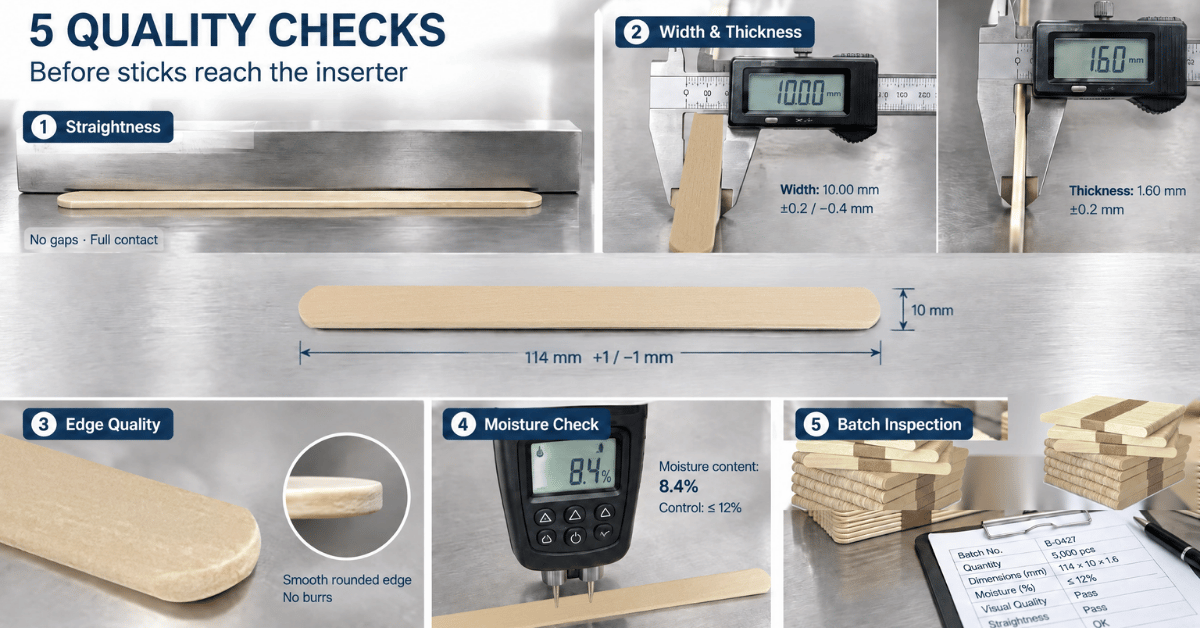 Five quality checks for wooden ice cream sticks: straightness, width and thickness, edge quality, moisture, and batch inspection