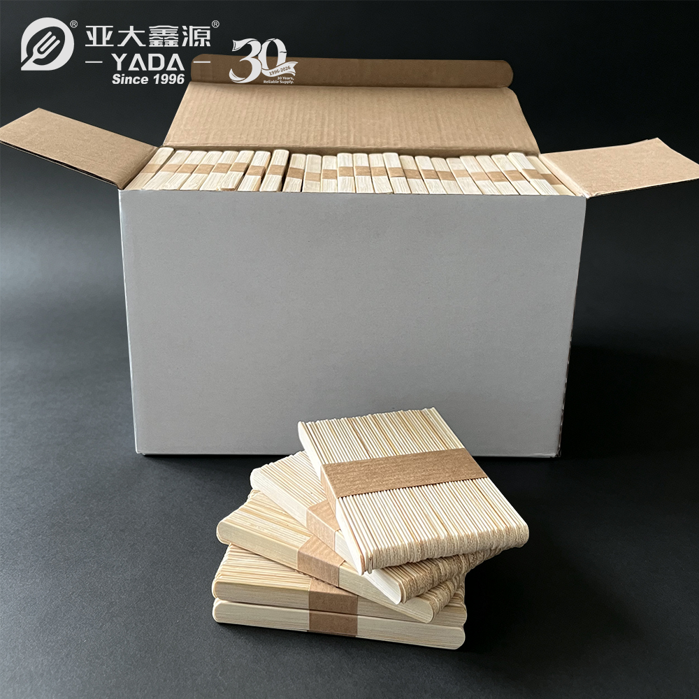 Bamboo coffee vending stirrers in white box packaging, 50 pcs per bundle