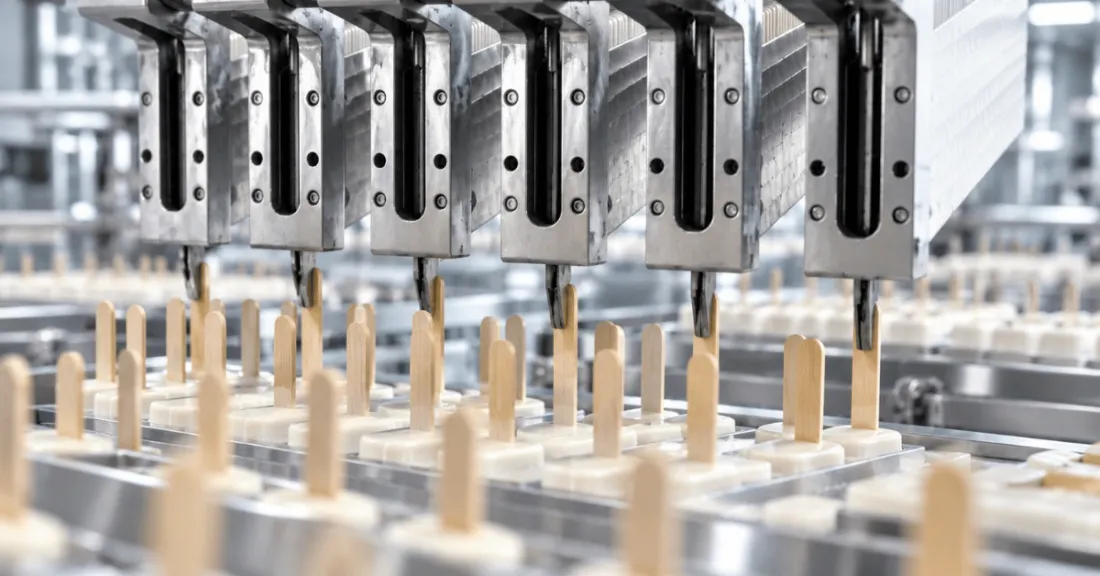 Stick inserter head pressing wooden ice cream sticks into moulds on a high-speed ice cream filling line