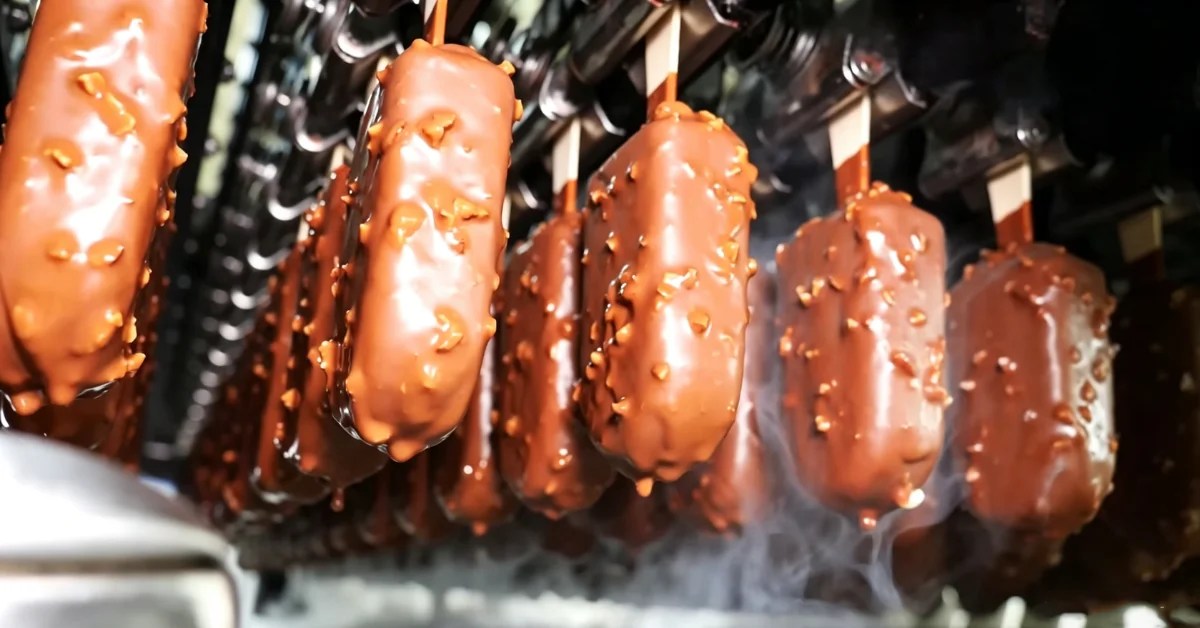 Helados con cobertura de chocolate sobre palitos de madera avanzando por una línea de baño de chocolate de alta velocidad